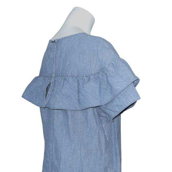 J. Crew Sz 12 Chambray Short Sleeve Dress Shoulder Ruffle Preppy Knee Length EUC - Picture 3 of 13